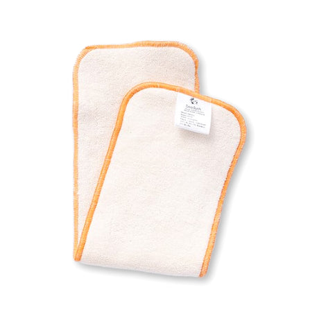 Zwei Doodush dreilagige Bio-Prefold-Saugeinlagen Größe XS (10 x 35 cm) aus Bio-Baumwolle und Bambus, mit oranger Einfassung