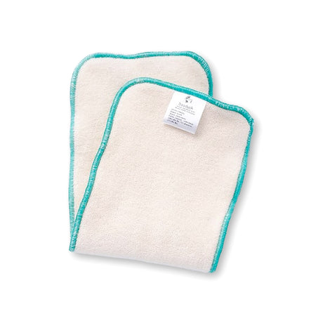 Zwei Doodush vierlagige Bio-Prefold-Saugeinlagen Größe S (12 x 35 cm) aus Bio-Baumwolle und Bambus, mit türkiser Einfassung