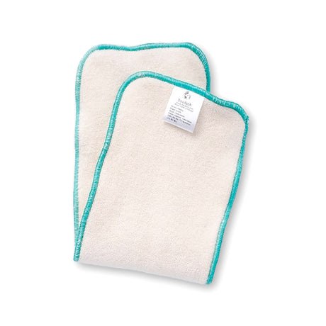 Zwei Doodush vierlagige Bio-Prefold-Saugeinlagen Größe XS (10 x 35 cm) aus Bio-Baumwolle und Bambus, mit türkiser Einfassung