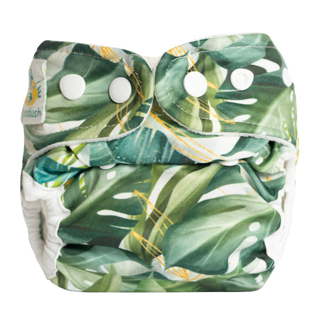 Doodush Überhose V2.0 mit Laschen im Design Green Leaves (Blätter), Größe Newborn