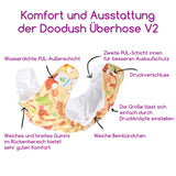 Infografik: Komfort und Ausstattung der Doodush Überhose V2 (Beispielbild)