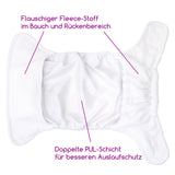 Innenansicht der Doodush Überhose V2 mit Beschriftung: zweilagiger Fleece im Bauch- und Rückenbereich, doppelte PUL-Schicht