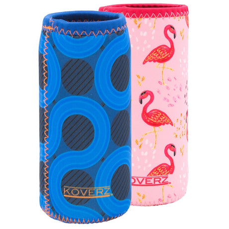 Koverz Isolierhüllen im Vergleich: Design Surf und Pink Flamingos nebeneinander, Neopren