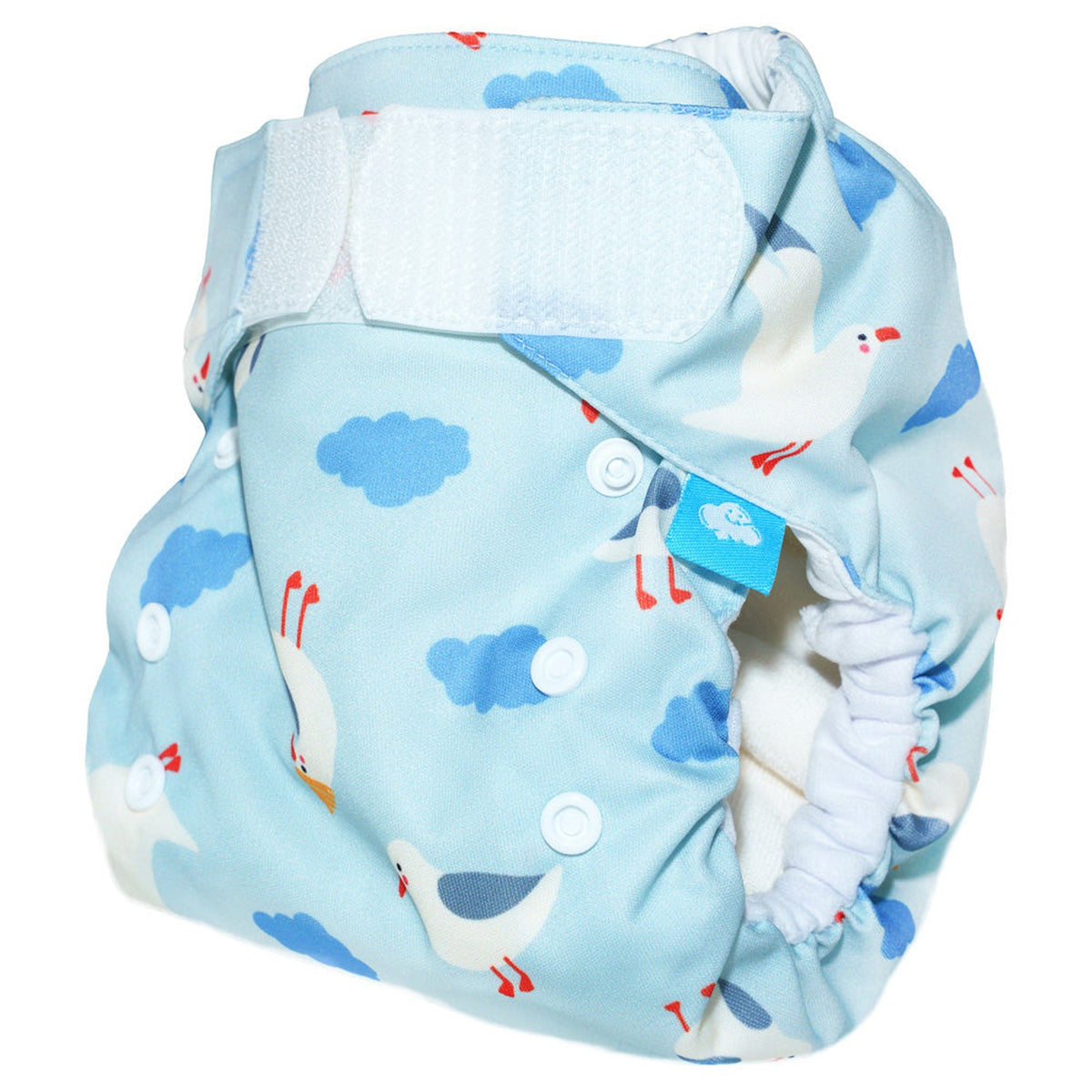 Little Clouds SuperCloud All-in-One-Windel im Design Möwen schräg von der Seite mit Klettverschluss und Beinbündchen
