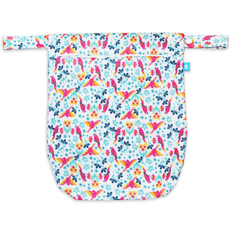 Little Clouds einfache Nasstasche (Wetbag) Größe L im Design Papageien von vorn mit Reißverschluss und Druckknopf-Schlaufe
