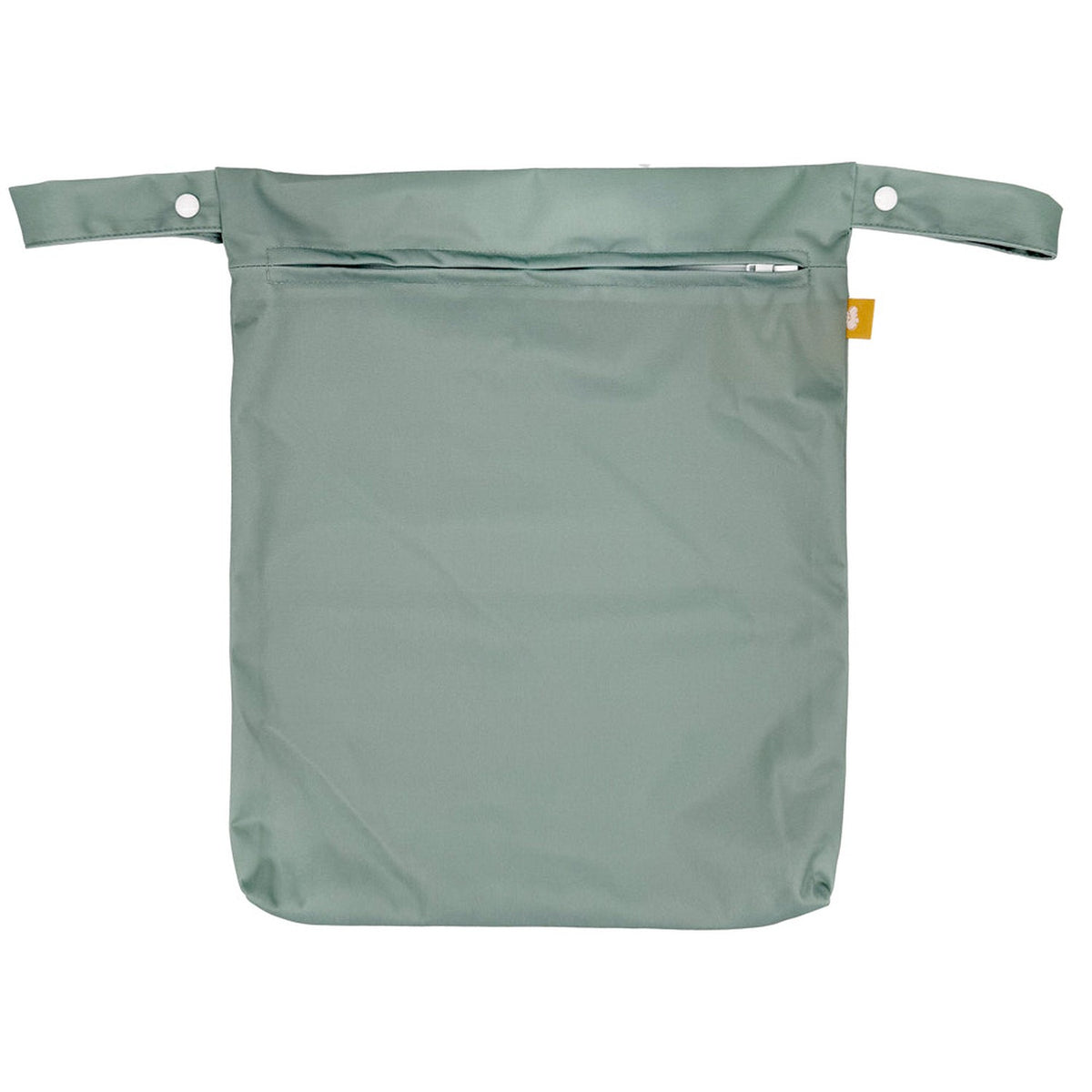 Little Clouds einfache Nasstasche (Wetbag) Gold Edition in Salbeigrün von vorn mit Reißverschluss und Druckknopf-Schlaufe