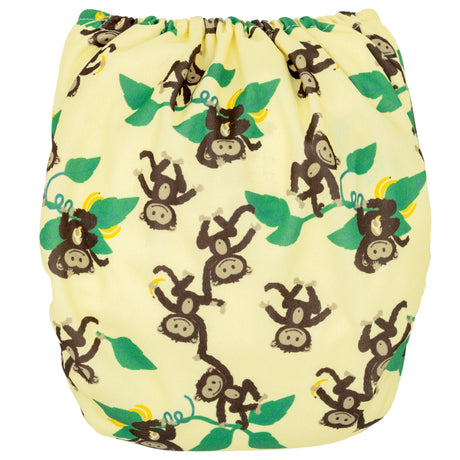 Little Clouds Prefold-Überhose aus PUL im Design Affe von hinten: Äffchen und Lianen auf hellgelbem Grund