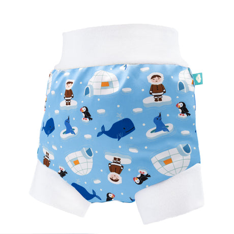 Little Clouds Schlupfhose V2 aus PUL im Design Iglu von vorn: hellblauer Grund mit Walen und Iglus, weißer Bund und Beinbündchen