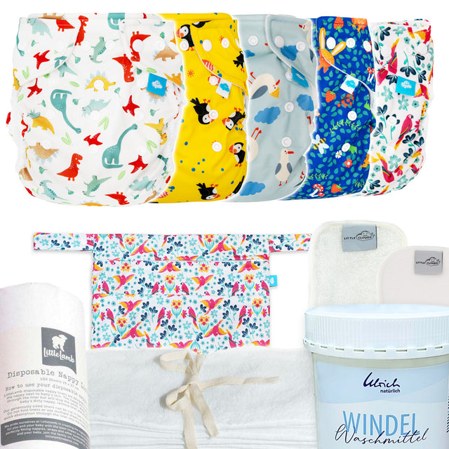 Little Clouds Stoffwindel-Komplettpaket One Size: Überhosen in mehreren Designs, Mullwindeln, Prefolds, Wetbag und Zubehör