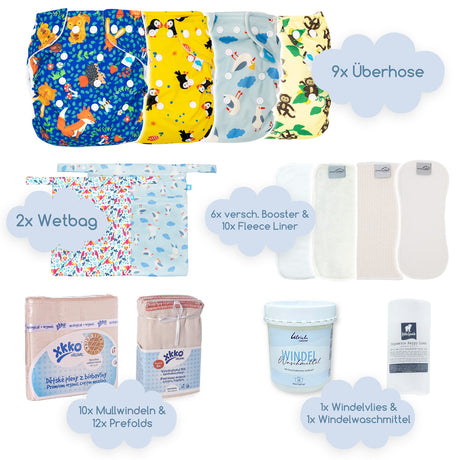 Inhalt des Little Clouds Stoffwindel-Komplettpakets XL mit Beschriftung: Überhosen, Wetbags, Einlagen, Mullwindeln und Windelvlies