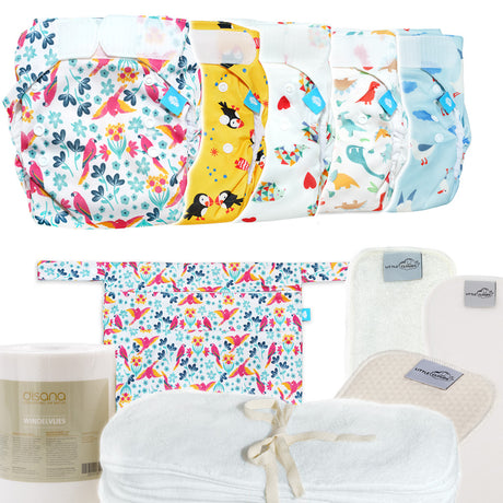 Little Clouds SuperCloud AIO Probierbox Newborn „Zeitlose Klassiker“: fünf AIO-Windeln mit Wetbag und Zubehör