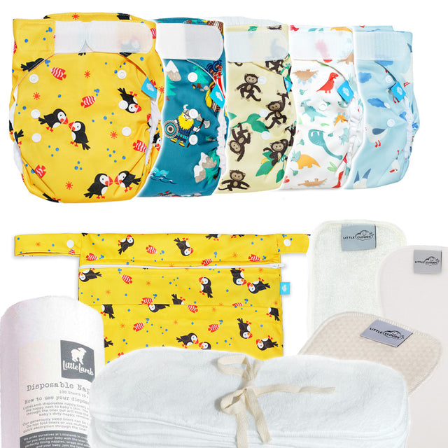 Little Clouds SuperCloud AIO Probierbox One Size „Kleine Entdecker“: fünf AIO-Windeln mit Wetbag und Zubehör