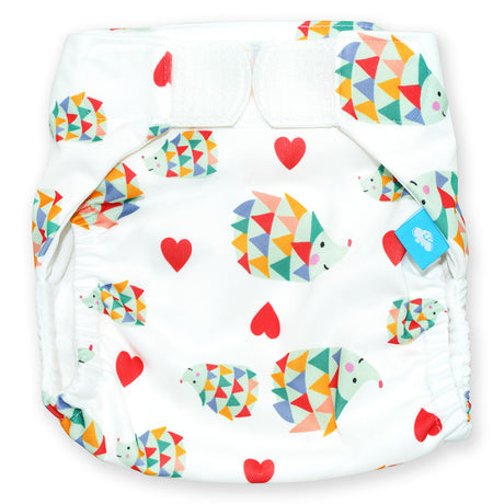 Little Clouds SwimCloud Schwimmwindel Größe 1 im Design Igel von vorn: bunte Igel und Herzen auf weißem Grund