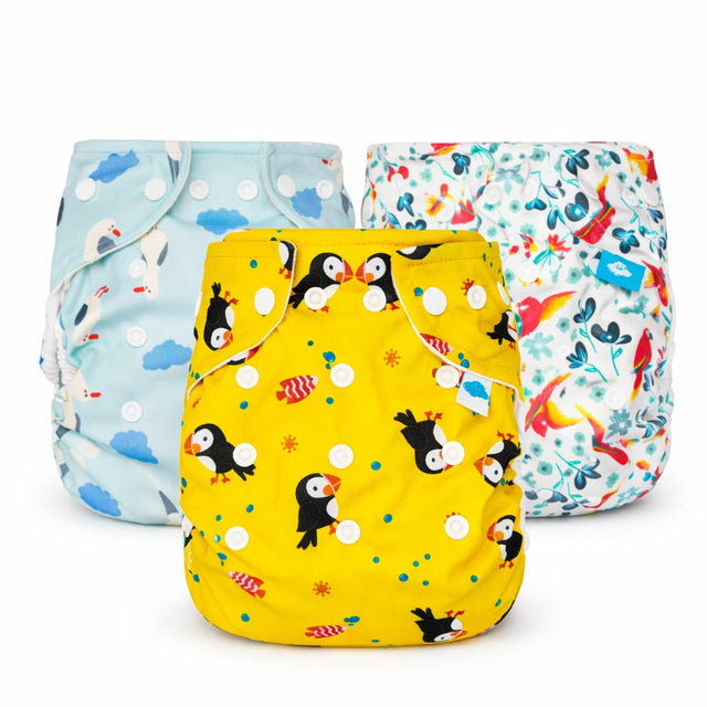 Little Clouds Überhosen Sparpaket One Size: drei Überhosen in den Designs Möwen, Papageientaucher und Papageien