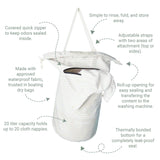 Englische Funktionsgrafik des Little Lamb Nappy Pail mit Reißverschluss, Riemen und Innenbeschichtung