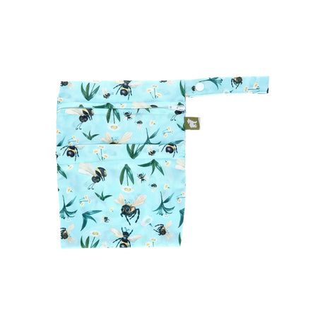 Little Lamb Nasstasche Größe S im Design Bumble Bee Blues mit Hummeln auf Türkis, von vorn mit Trockenfach und Schlaufe