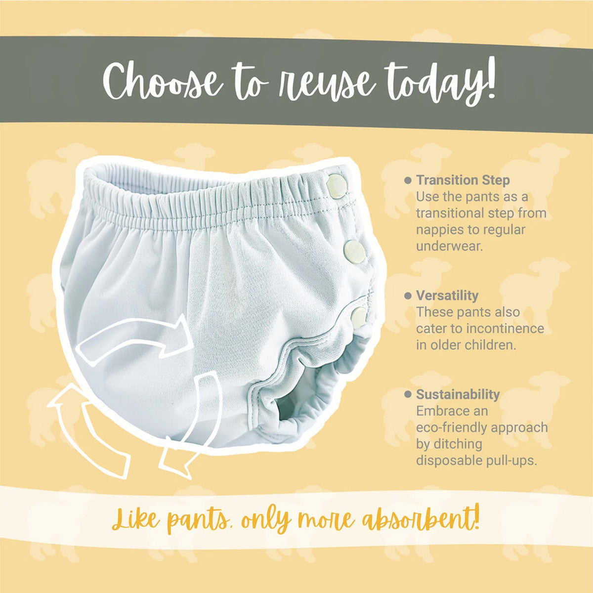 Englische Infografik: Vorteile der wiederverwendbaren Little Lamb Trainingshose