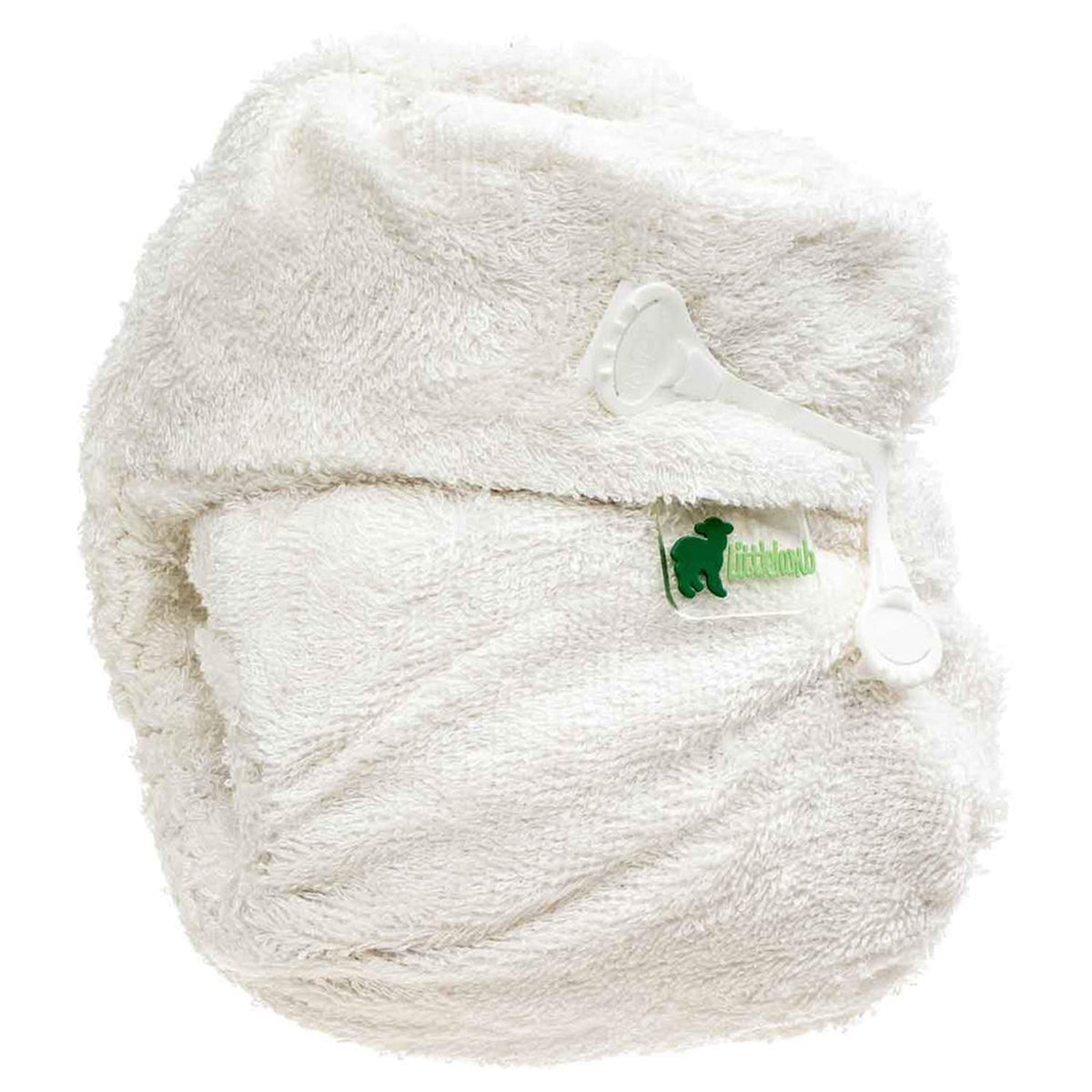 Little Lamb Windelklammer fixiert eine gefaltete Prefold-Windel aus Frottee, Anwendungsbeispiel