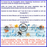 Infografik: Druckknopfgrößen 1–3 (Ø 7,7 / 9,1 / 9,7 mm) der Milchmädchen Bodyverlängerung einzeln im Design Fuchs Türkis