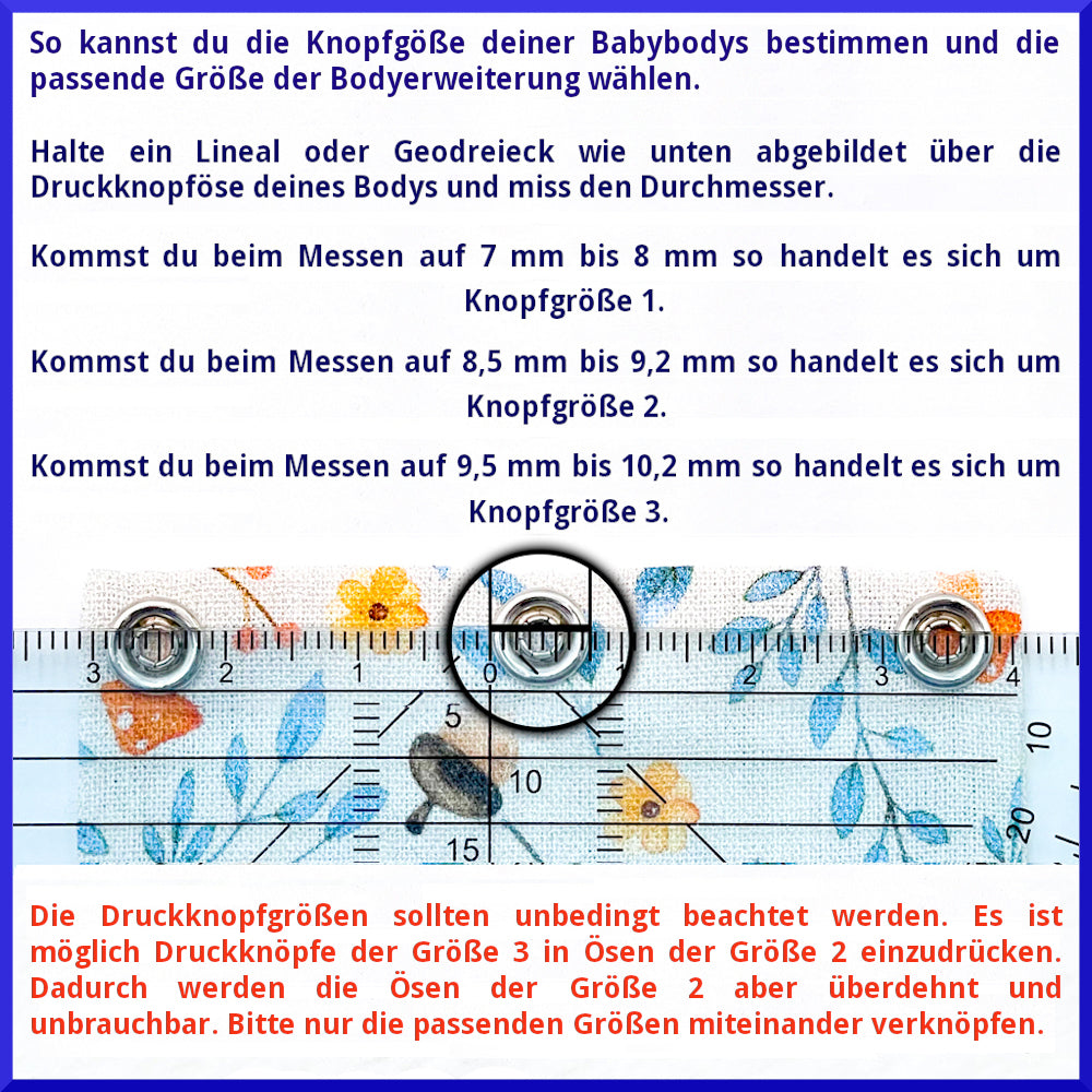 Infografik: Druckknopfgrößen 1–3 (Ø 7,7 / 9,1 / 9,7 mm) der Milchmädchen Bodyverlängerung einzeln im Design Rot