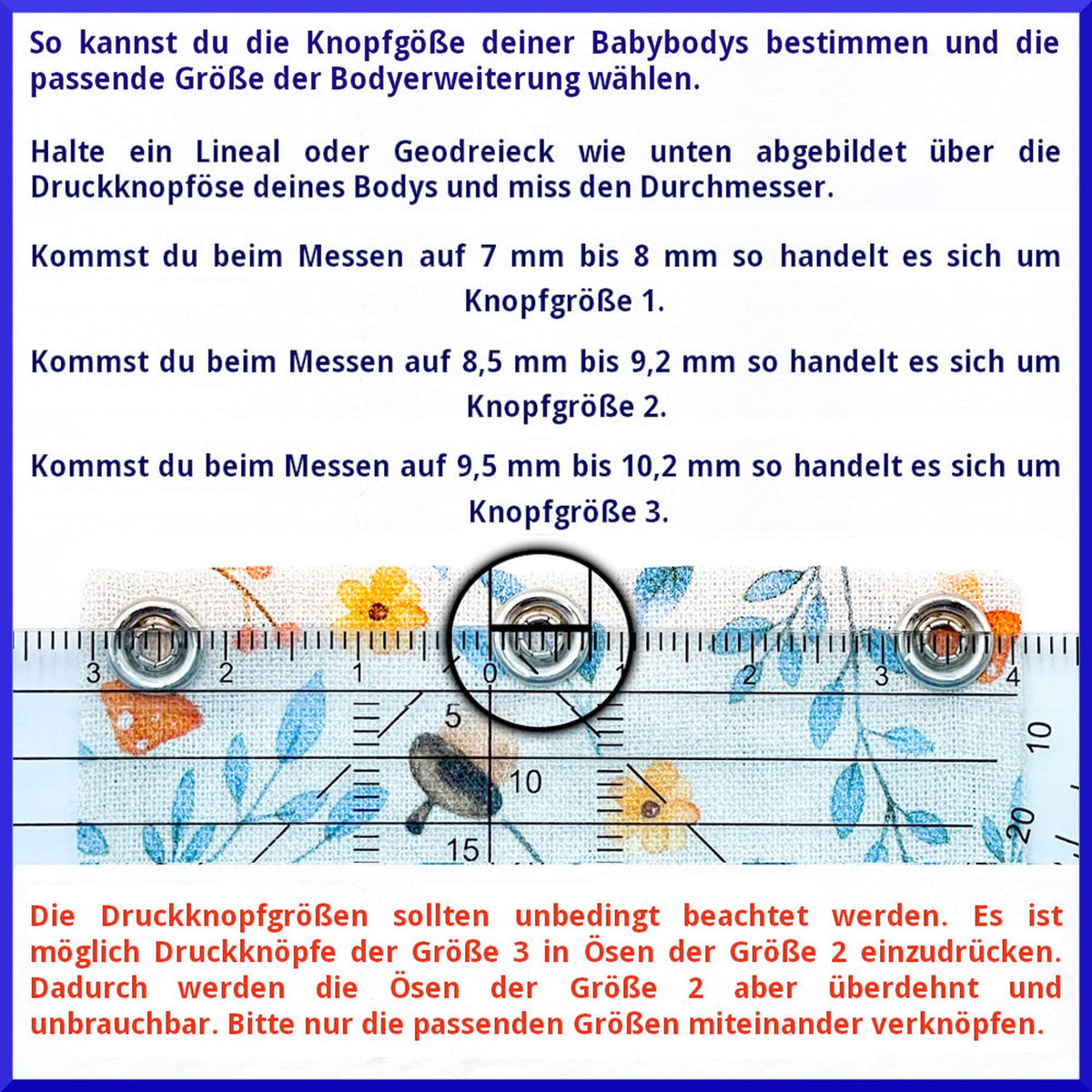 Infografik: Druckknopfgrößen 1–3 (Ø 7,7 / 9,1 / 9,7 mm) der Milchmädchen Bodyverlängerung einzeln im Design Streifen Gelb