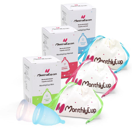 MonthlyCup Menstruationstassen mit Verpackungen und Baumwollbeuteln, Größen Mini, Normal und Plus