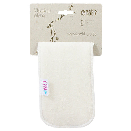 Petit Lulu Bambus-Booster kurz, eine naturweiße 3-lagige Saugeinlage 30 x 10 cm vor der Verpackungskarte