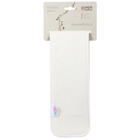 Petit Lulu Bambus-Booster lang, eine naturweiße 3-lagige Saugeinlage 55 x 10 cm gefaltet an der Verpackungskarte