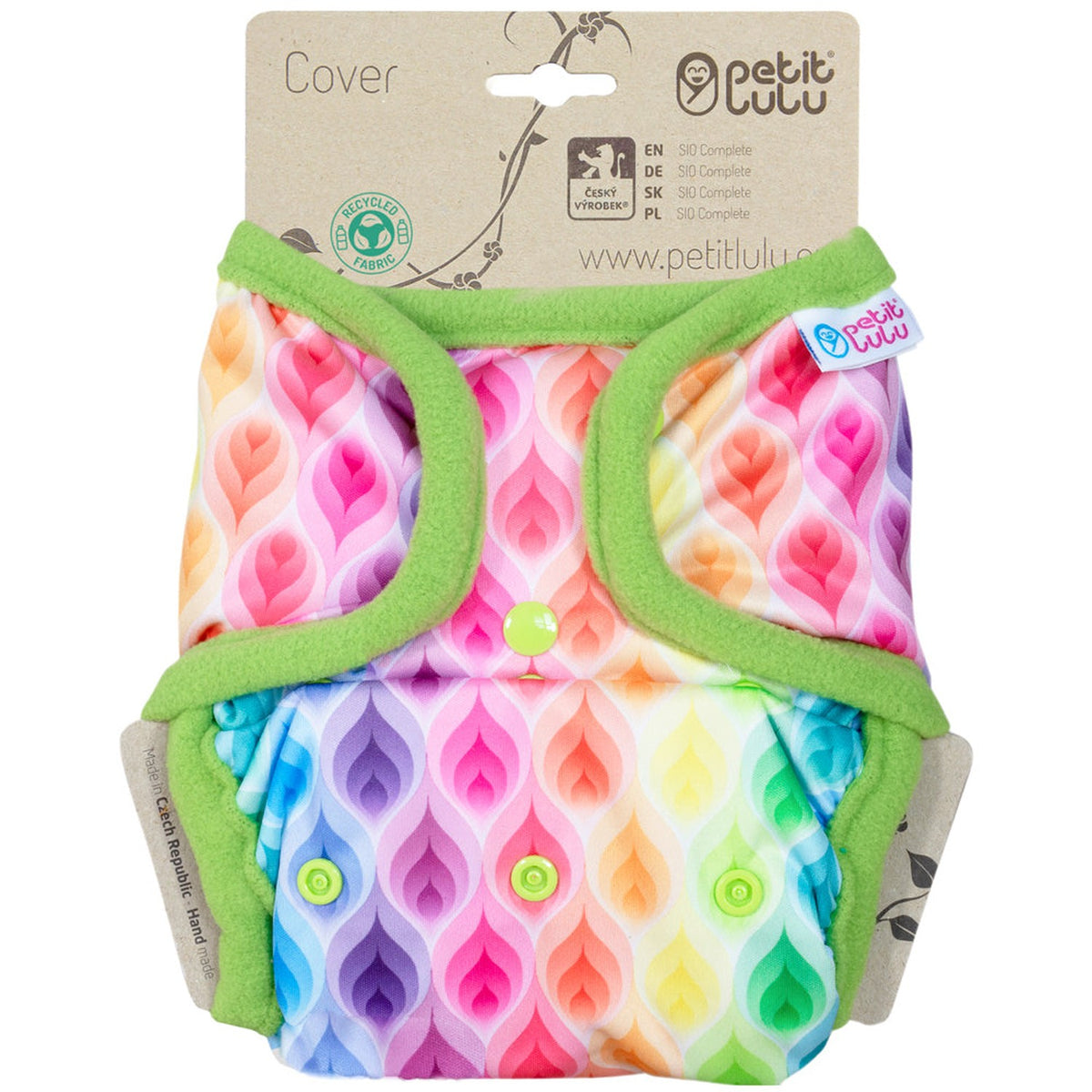 Petit Lulu SIO-Überhose mit Druckknöpfen im Design Rainbow Flames, Regenbogenmuster mit grünen Bündchen