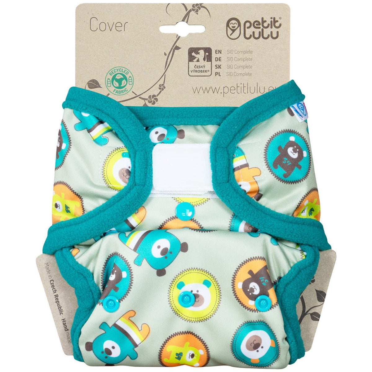 Petit Lulu SIO-Überhose mit Klettverschluss im Design Flying Bears, Bärenmotive auf Mint mit petrolfarbenen Bündchen