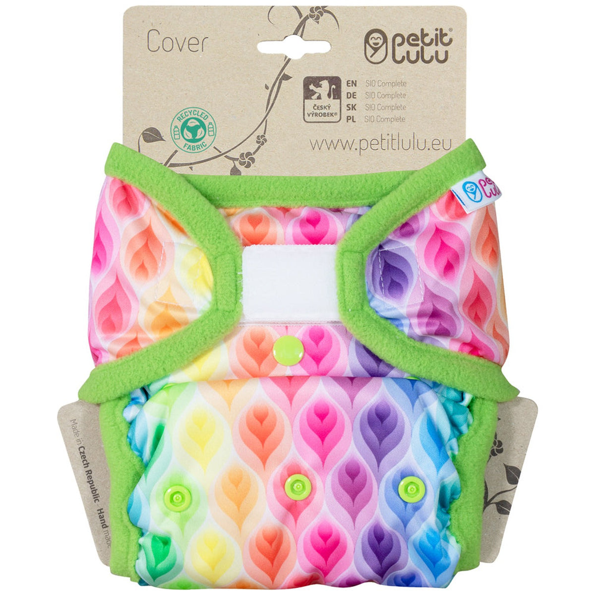 Petit Lulu SIO-Überhose One Size mit Klettverschluss im Design Rainbow Flames an der Verpackungskarte