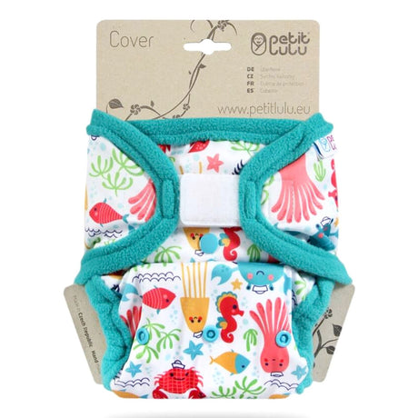 Petit Lulu Überhose One Size mit Klettverschluss im Design Lagoon, Meerestiere mit petrolfarbenen Fleece-Bündchen