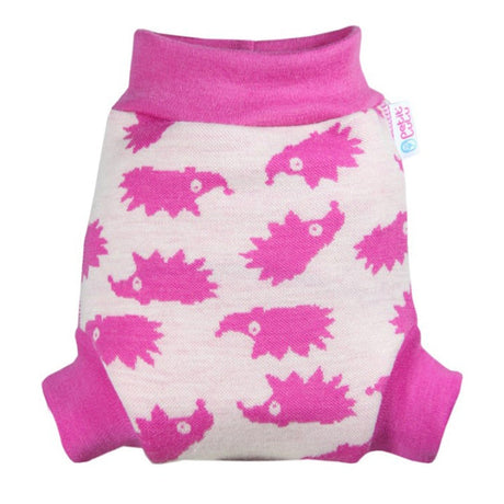 Petit Lulu Woll-Schlupfüberhose im Design Pink Hedgies, pinke Igel auf Naturweiß mit rosa Bündchen