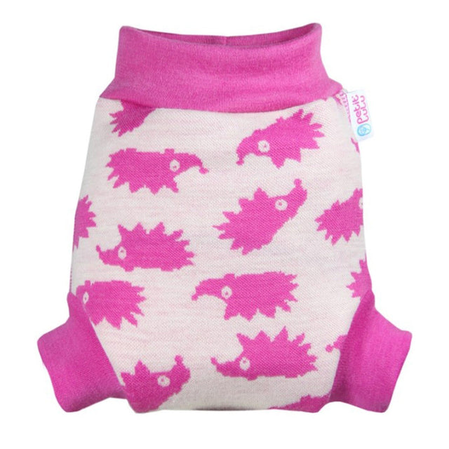 Petit Lulu Woll-Schlupfüberhose im Design Pink Hedgies, pinke Igel auf Naturweiß mit rosa Bündchen