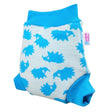Petit Lulu Woll-Schlupfüberhose Turquoise Hedgies schräg liegend, türkise Igel mit blauen Beinbündchen