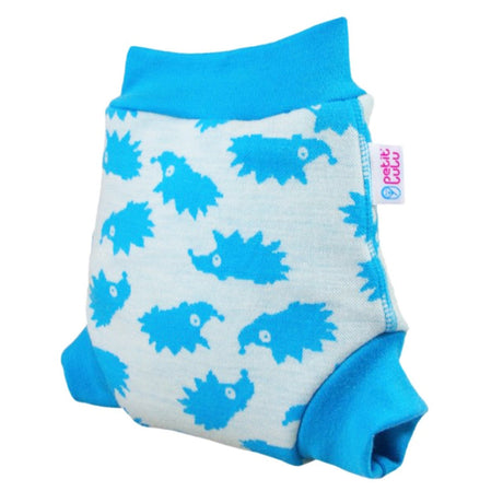 Petit Lulu Woll-Schlupfüberhose Turquoise Hedgies schräg liegend, türkise Igel mit blauen Beinbündchen