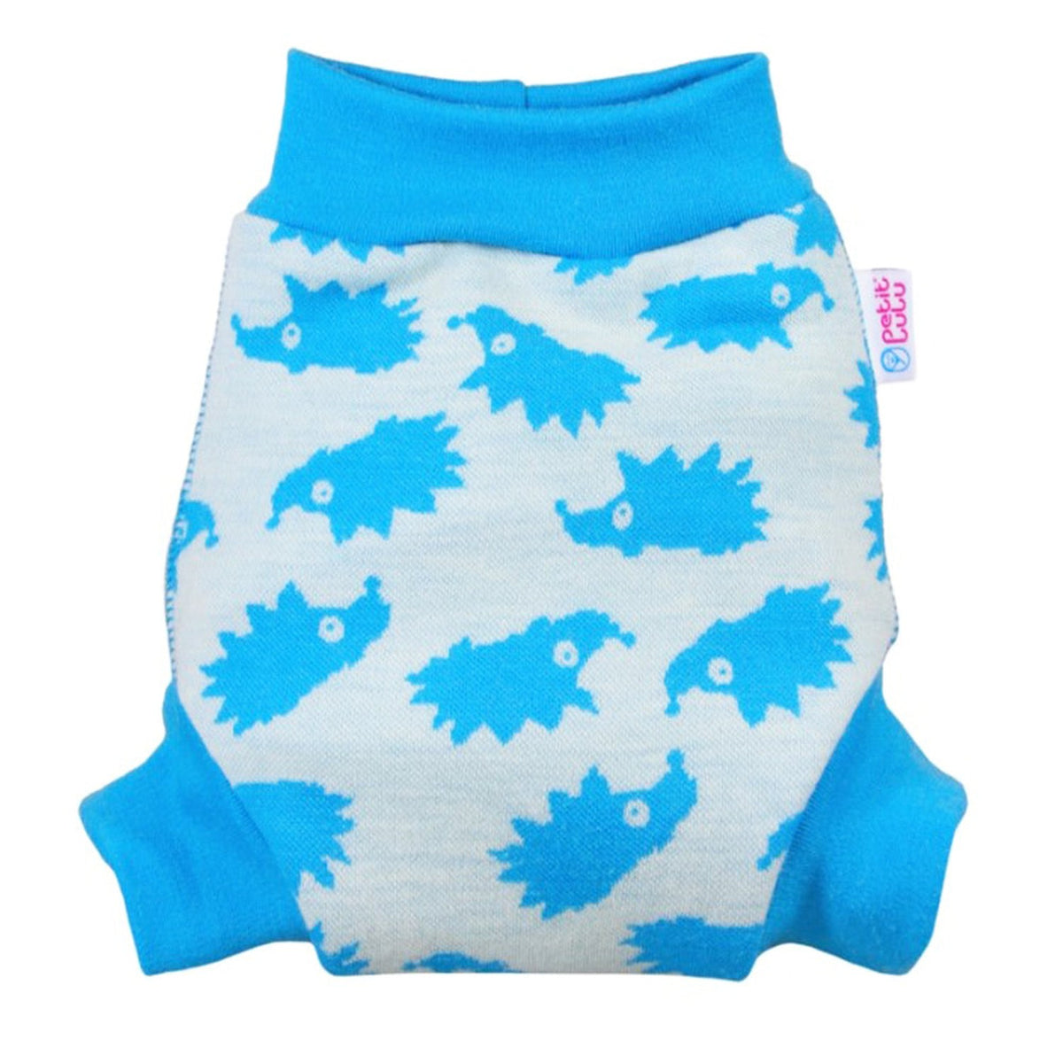 Petit Lulu Woll-Schlupfüberhose im Design Turquoise Hedgies flach von vorn mit breitem Strickbund