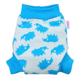 Petit Lulu Woll-Schlupfüberhose im Design Turquoise Hedgies flach von vorn mit breitem Strickbund