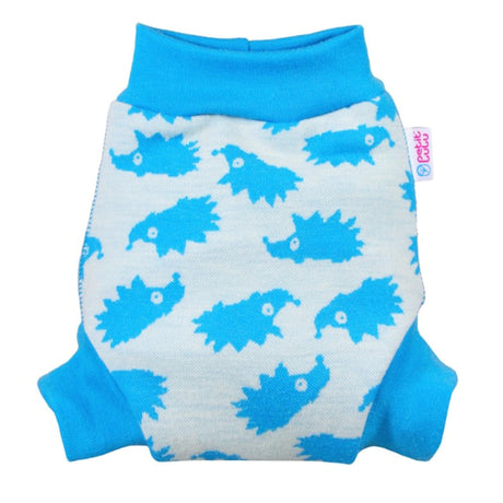 Petit Lulu Woll-Schlupfüberhose im Design Turquoise Hedgies flach von vorn mit breitem Strickbund