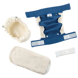 Einzelteile des Popolini EasyFree Systems: Wanne (Pouch), Außenhose (Beispiel in Blau), Saugeinlage und Bellystrap