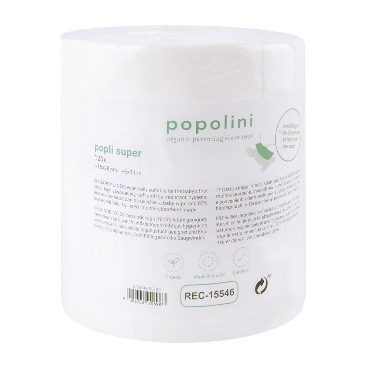 Popolini Popli Super Windelvlies als Rolle mit 120 Blatt in Folie verpackt