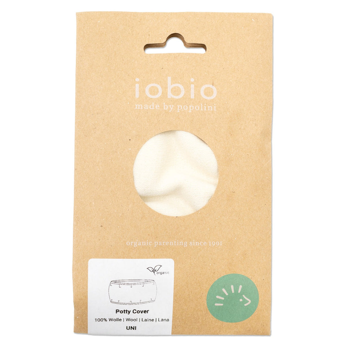 Verpackung des Popolini Töpfchenbezugs aus Wolle in Natur, Kraftpapier-Beutel mit Sichtfenster
