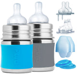 Pura Kiki Geschenkset mit 2 Edelstahl-Trinkflaschen 150 ml und Zubehör – im Design Blau & Grau