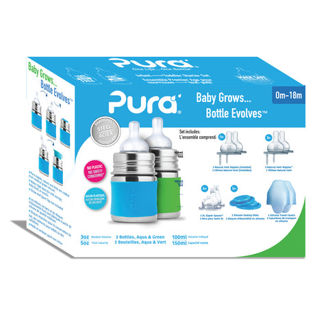 Pura Kiki Geschenkset mit 2 Edelstahl-Trinkflaschen 150 ml und Zubehör – im Design Blau & Grün – Ansicht 2