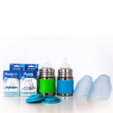 Pura Kiki Geschenkset mit 2 Edelstahl-Trinkflaschen 150 ml und Zubehör – im Design Blau & Grün – Ansicht 3