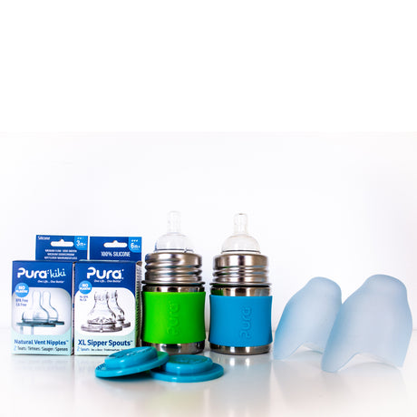 Pura Kiki Geschenkset mit 2 Edelstahl-Trinkflaschen 150 ml und Zubehör – im Design Blau & Grün – Ansicht 3