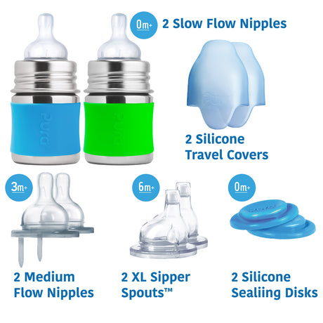 Pura Kiki Geschenkset mit 2 Edelstahl-Trinkflaschen 150 ml und Zubehör – im Design Blau & Grün
