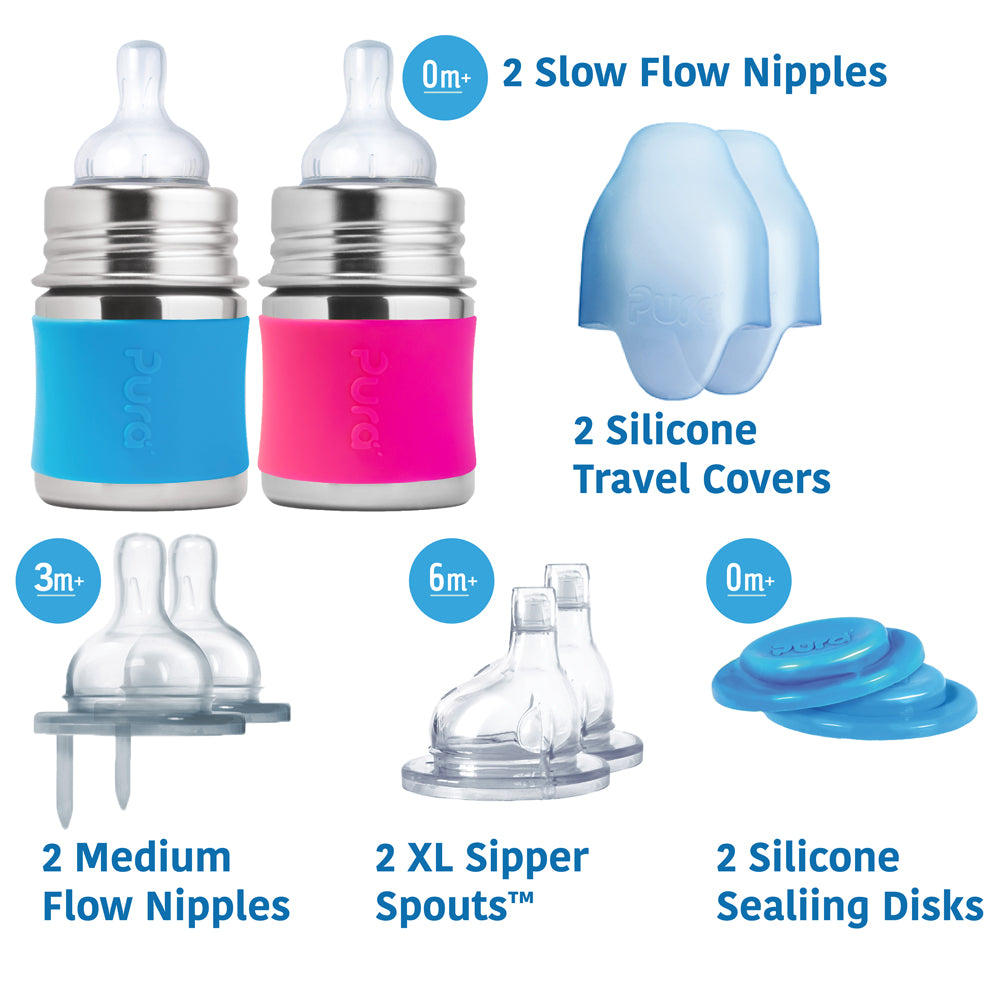 Pura Kiki Geschenkset mit 2 Edelstahl-Trinkflaschen 150 ml und Zubehör – im Design Blau & Pink – Ansicht 2