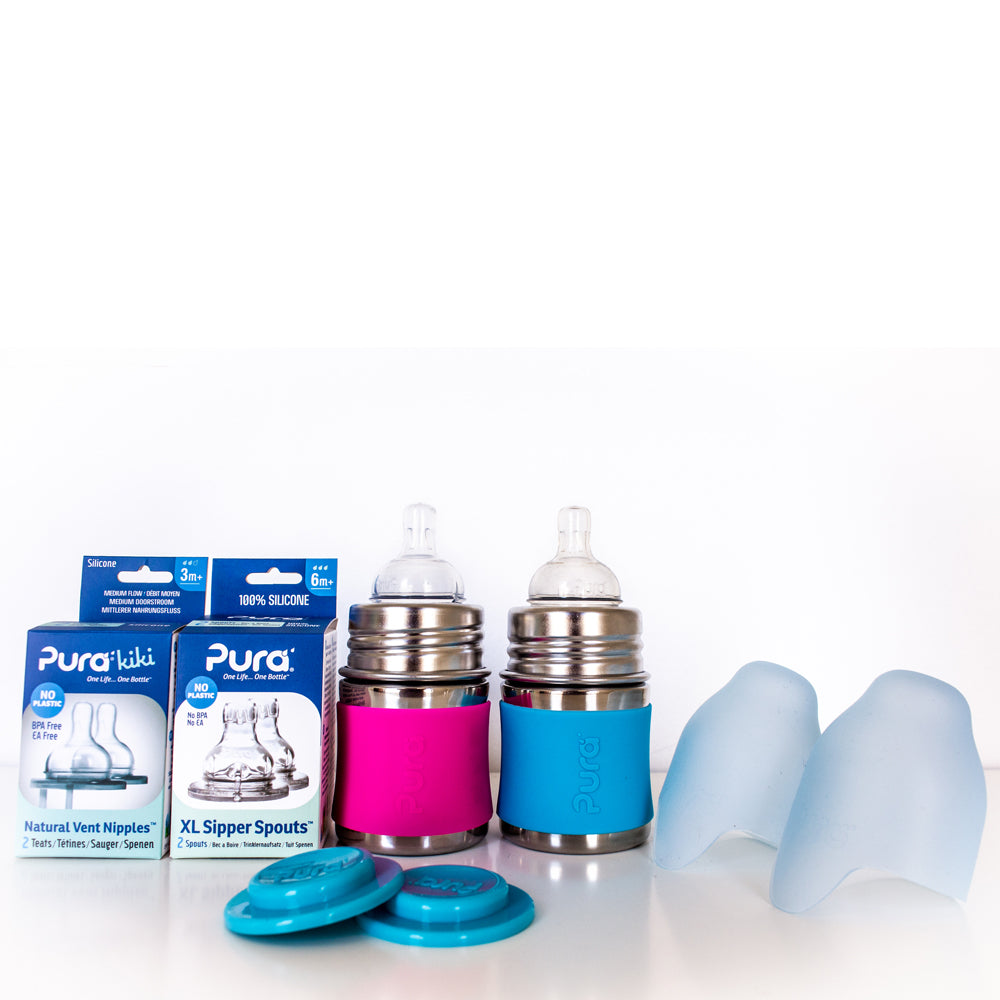 Pura Kiki Geschenkset mit 2 Edelstahl-Trinkflaschen 150 ml und Zubehör – im Design Blau & Pink – Ansicht 3