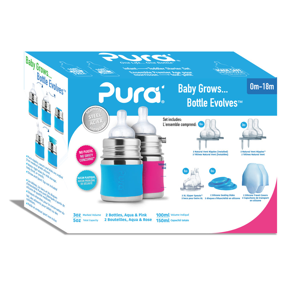 Pura Kiki Geschenkset mit 2 Edelstahl-Trinkflaschen 150 ml und Zubehör – im Design Blau & Pink